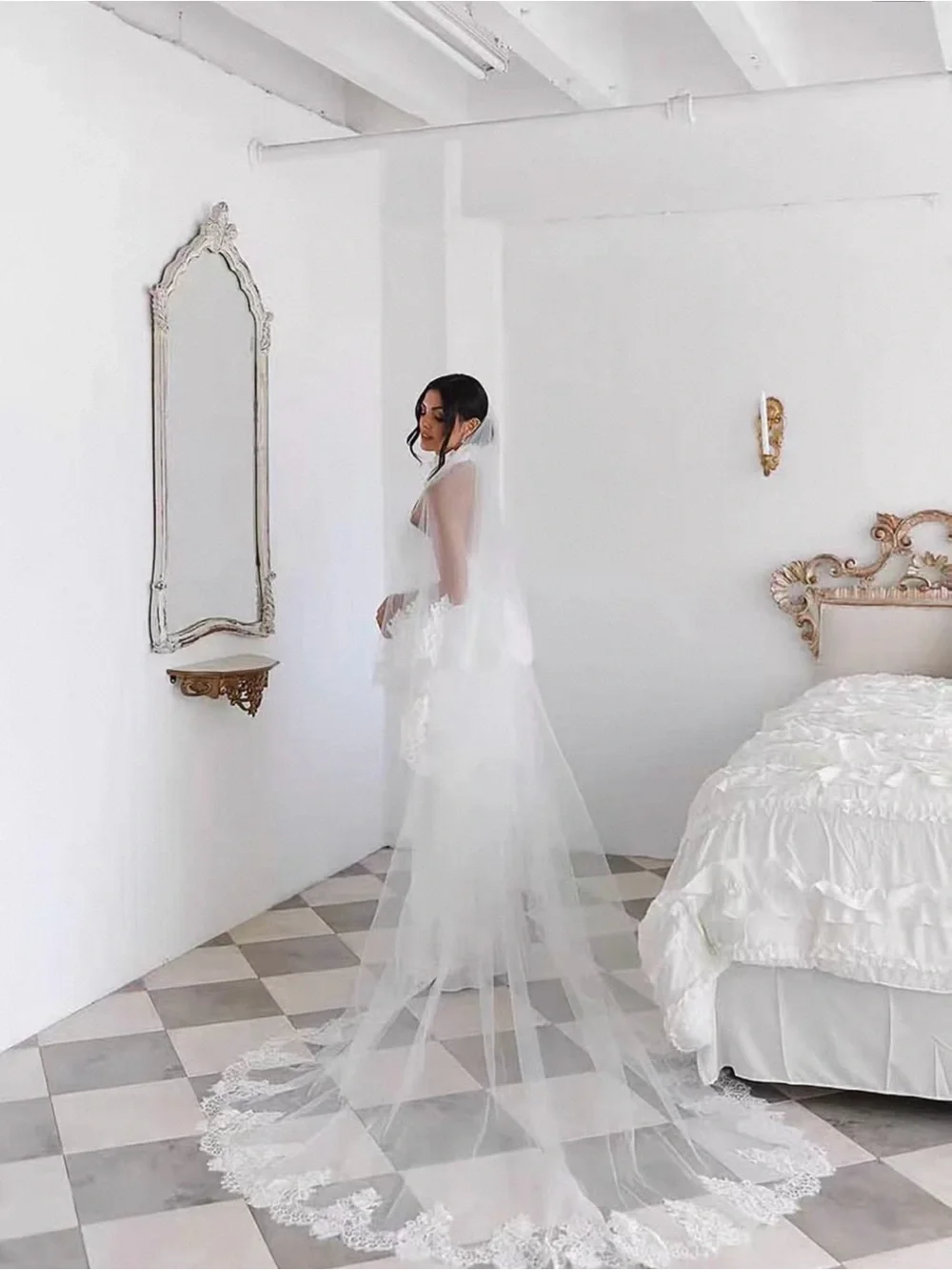 Cathedral Floral Drop Lace Wedding Veil with Comb